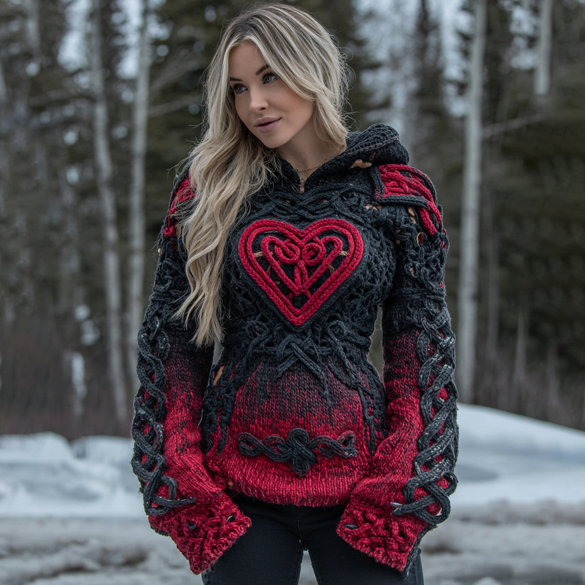 Women's Vintage Heart Art Knit Hooded Sweater 4e51