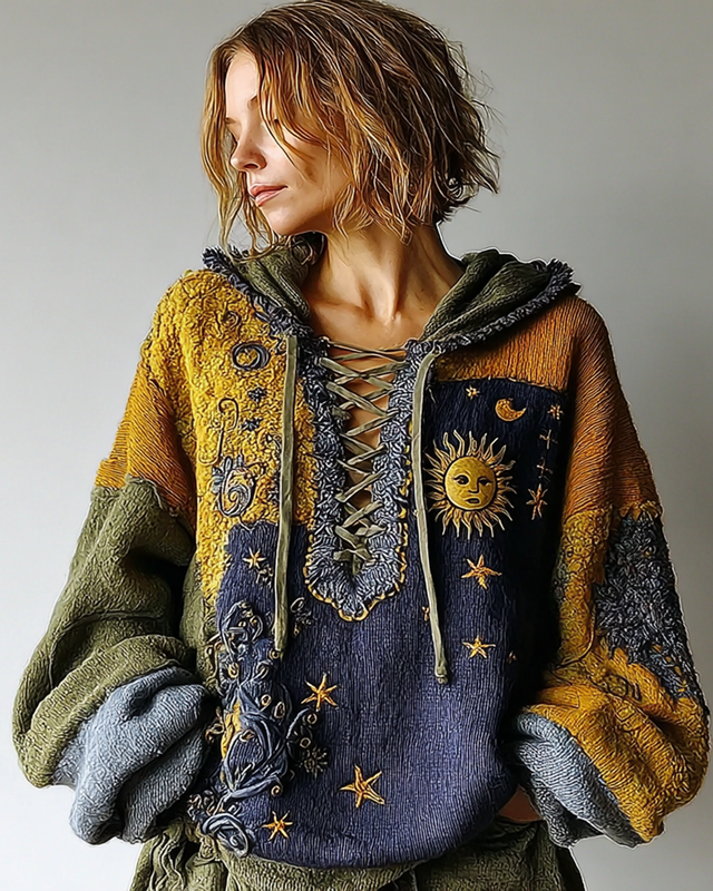 Women's Star and Moon Embroidery Contrast Color Stitching Hooded Sweatshirt 2c17