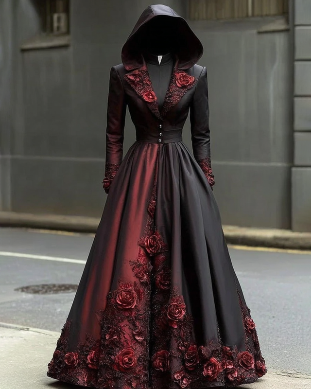 Halloween themed floral embroidered gradient satin hooded dress 2772