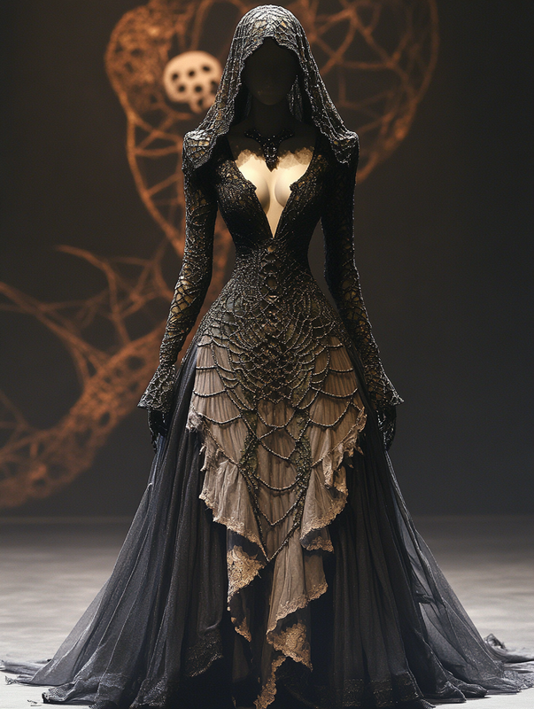 Halloween themed embroidered irregular lace mesh hooded dress 3b1c