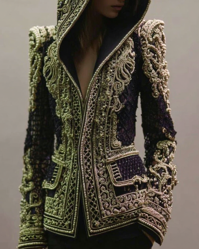 Women's Contrast Color Irregular Pearl Lace Knitted Hooded Blazer 2cf6