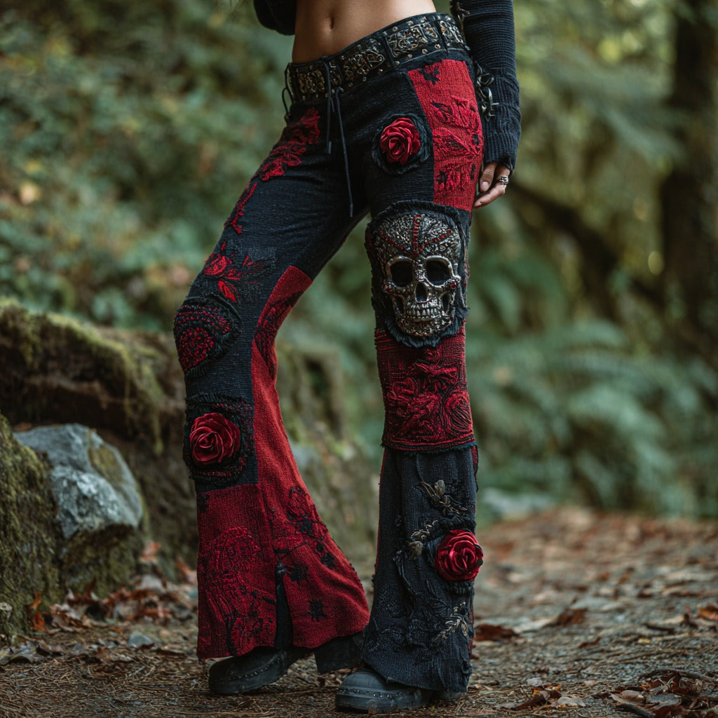 Women's Retro Dark Skull And Rose Stitching Casual Jeans 2e2a