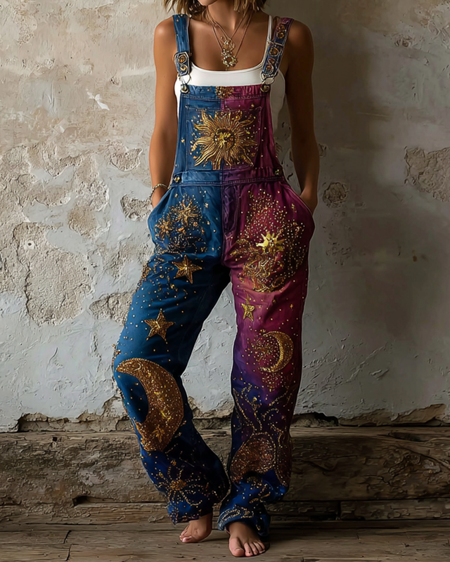 Women's Star and Moon Embroidered Contrast Color Stitching Overalls 38eb