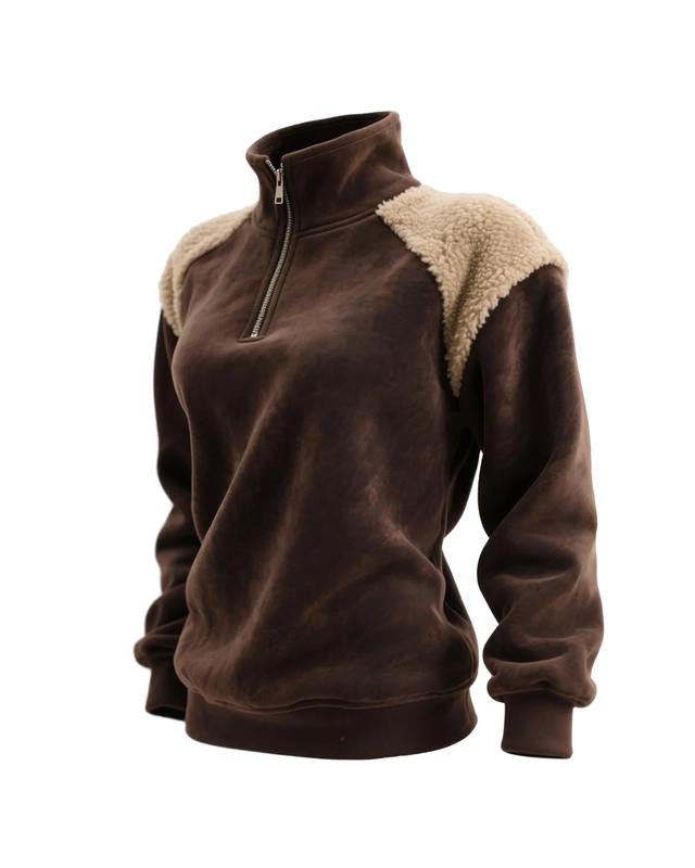 Women's Stand Collar 1/4 Zip Wool Contrast Color Stitching Warm Sweatshirt ede2