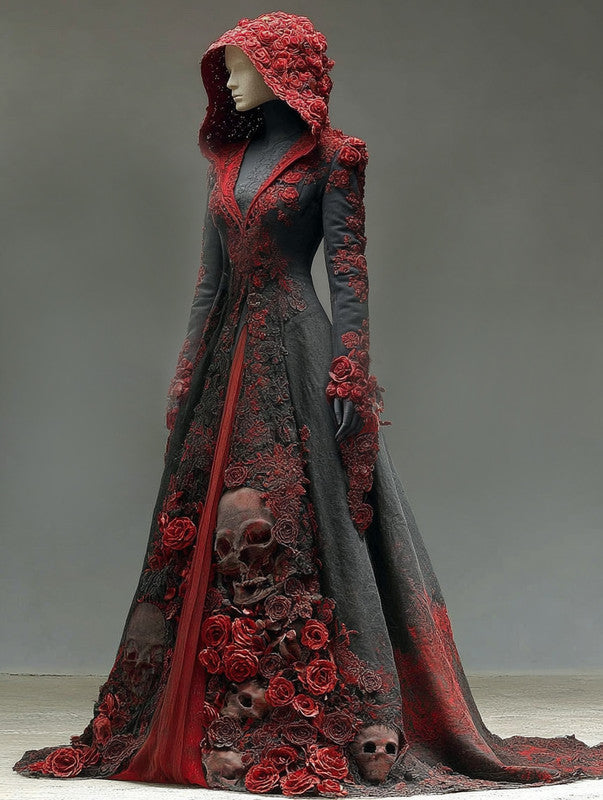 Halloween themed skull and floral embroidered hooded dress 43e7