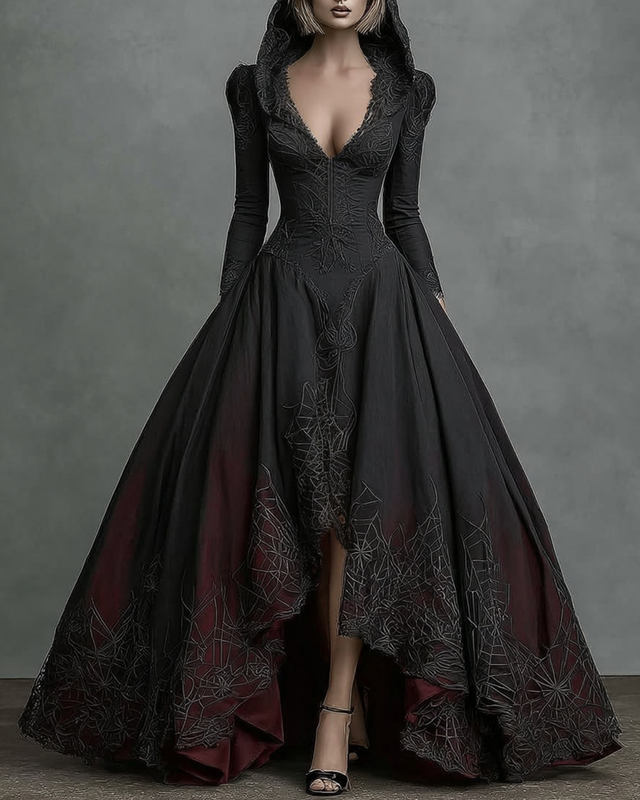 Halloween Themed Irregular Lace Patchwork Hooded Dress 5485