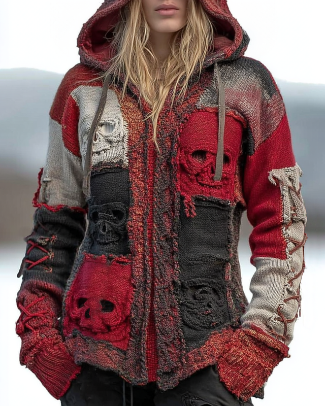 Halloween Themed Contrasting Color Patchwork Skull Embroidered Knitted Hooded Sweater 0310