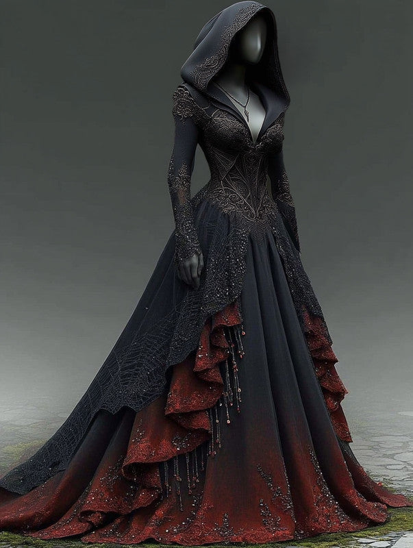 Halloween themed floral embroidery irregular ruffle patchwork hooded dress 1062