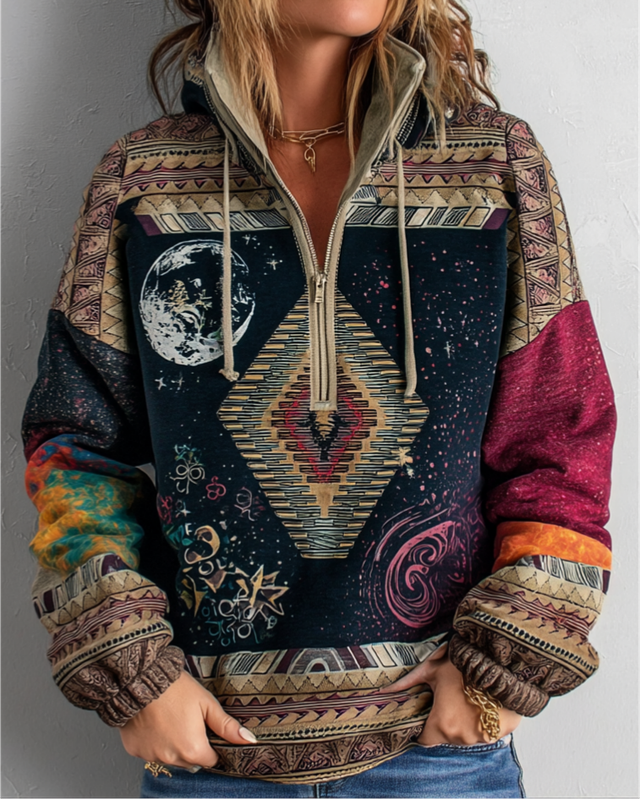 Autumn and Winter Star and Moon Patchwork Contrast Color Sweatshirt f7ba