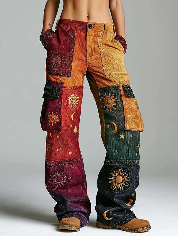 Women's Star and Moon Embroidered Contrast Color Stitching Pants 09bb