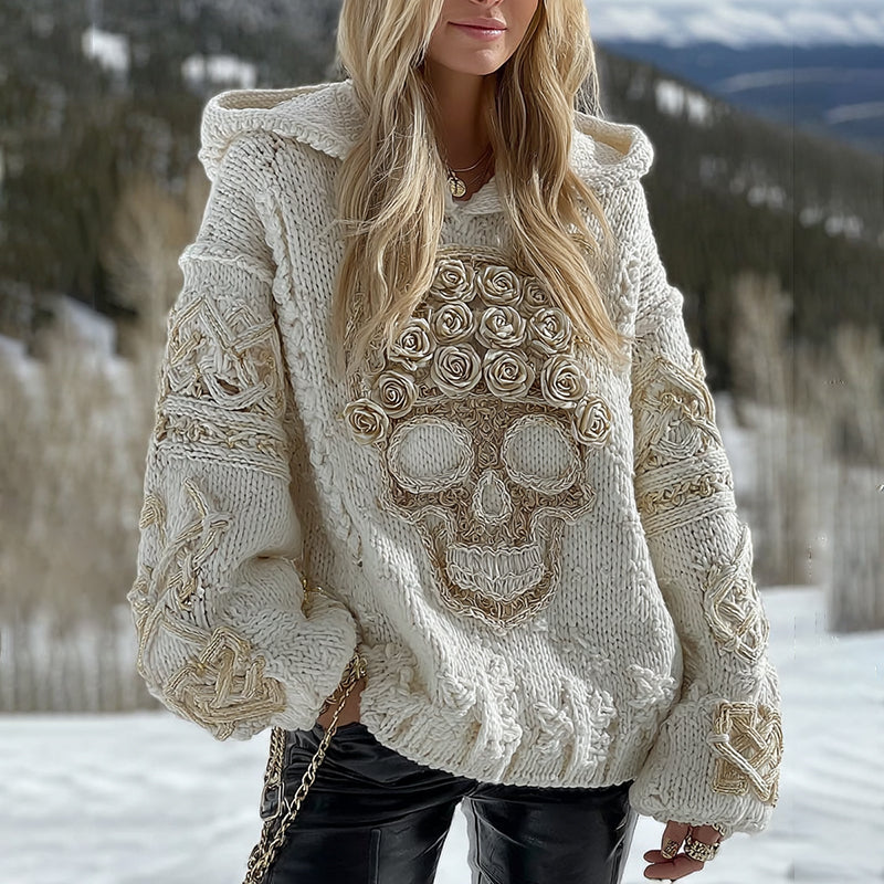 Women's White Rose Skull Comfortable Loose Solid Color Hooded Sweater 7e8c