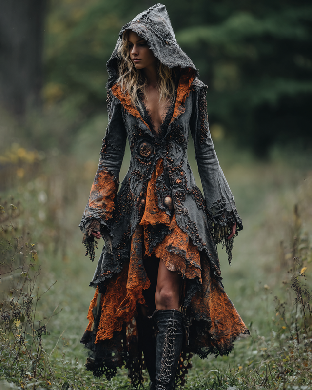 Halloween Themed Irregular Contrast Embroidered Patchwork Hooded Dress cb98