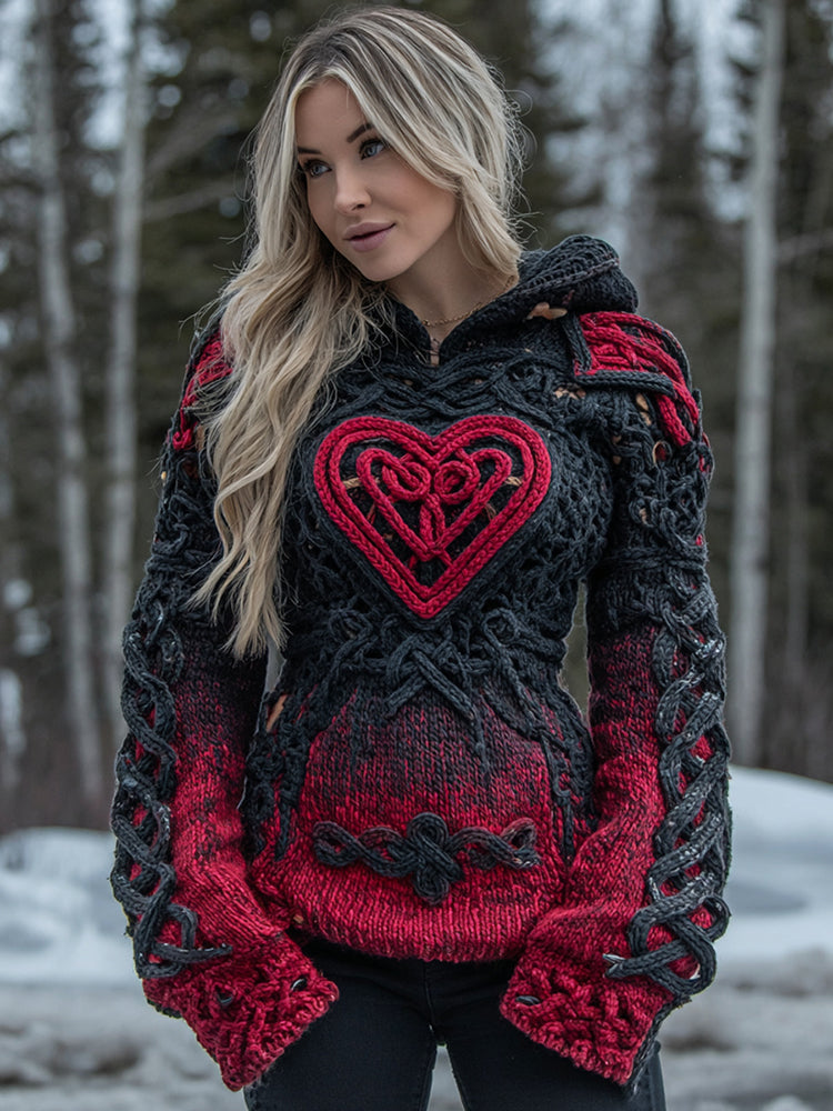 Women's Vintage Heart Art Knit Hooded Sweater 4e51