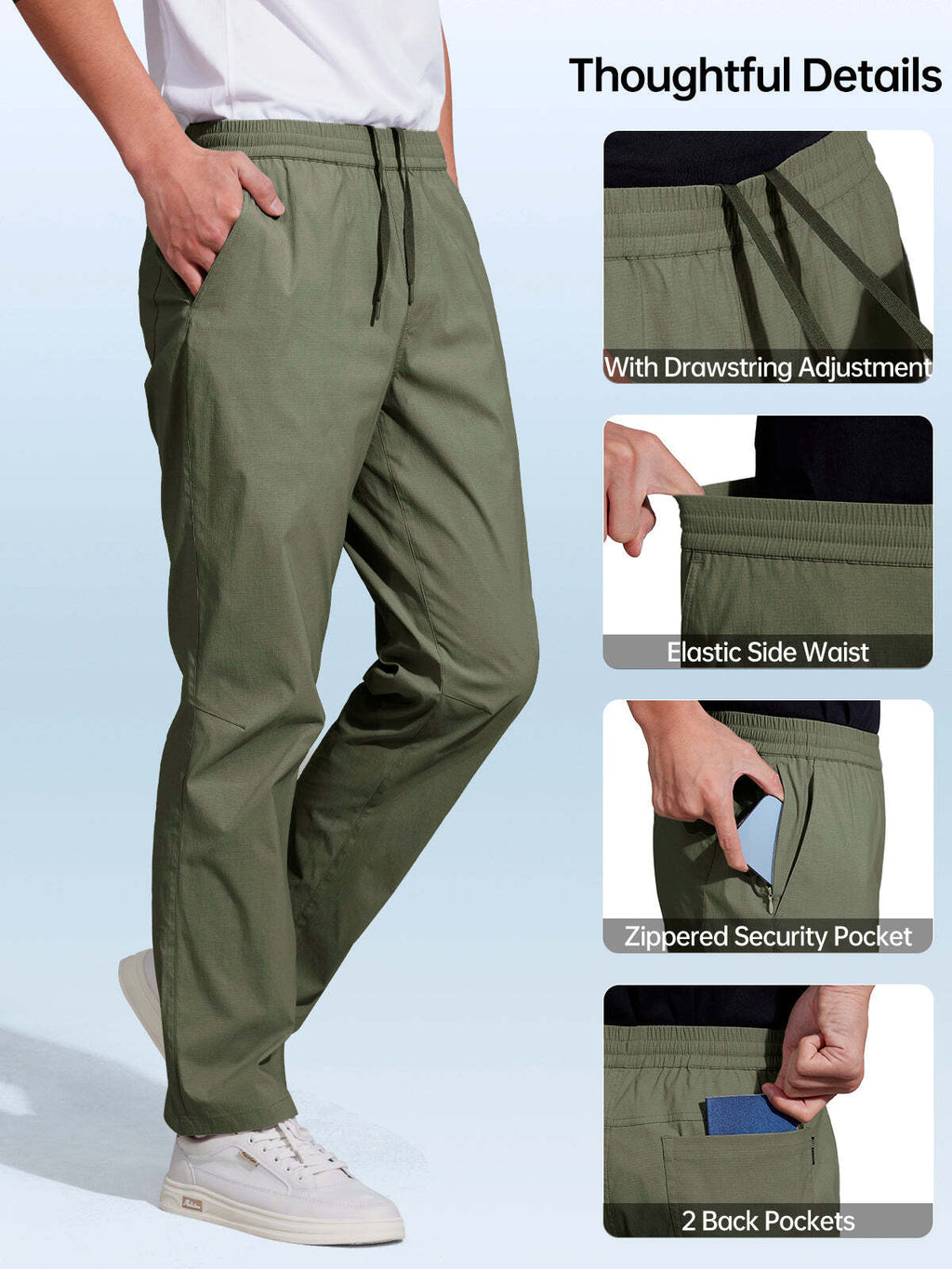 FREE SOLDIER Men's Elastic Waist Lightweight Water Resistant Quick-Dry Hiking Outdoor Sweatpants Pants