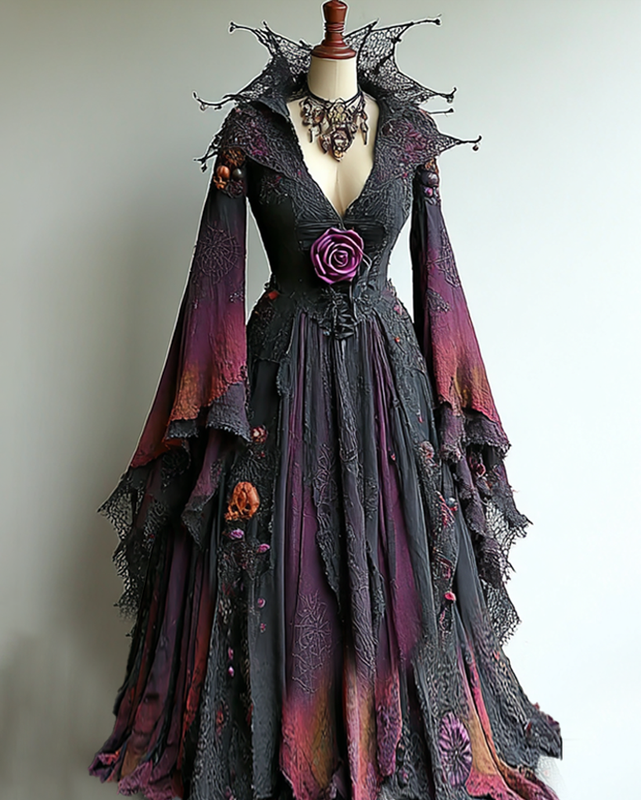 Halloween floral embroidered lace patchwork Halloween cape dress 68d8