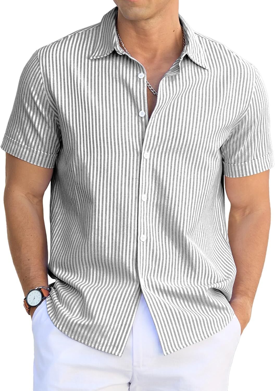 Men's Casual Button Down Shirts Short Sleeve Striped Cotton Beach Summer Vacation Shirt