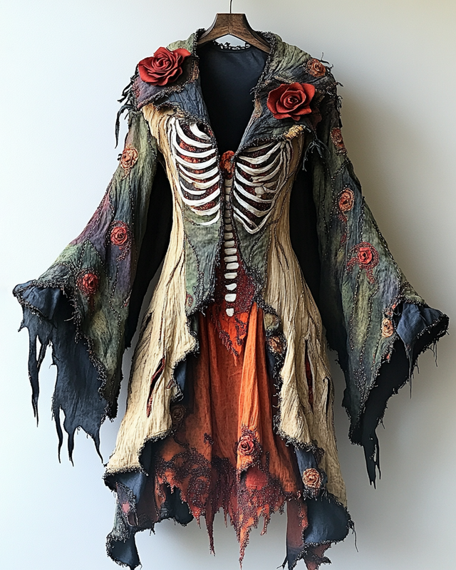Women's Halloween Themed Rose Embroidered Irregular Ruffle Cape ed1c