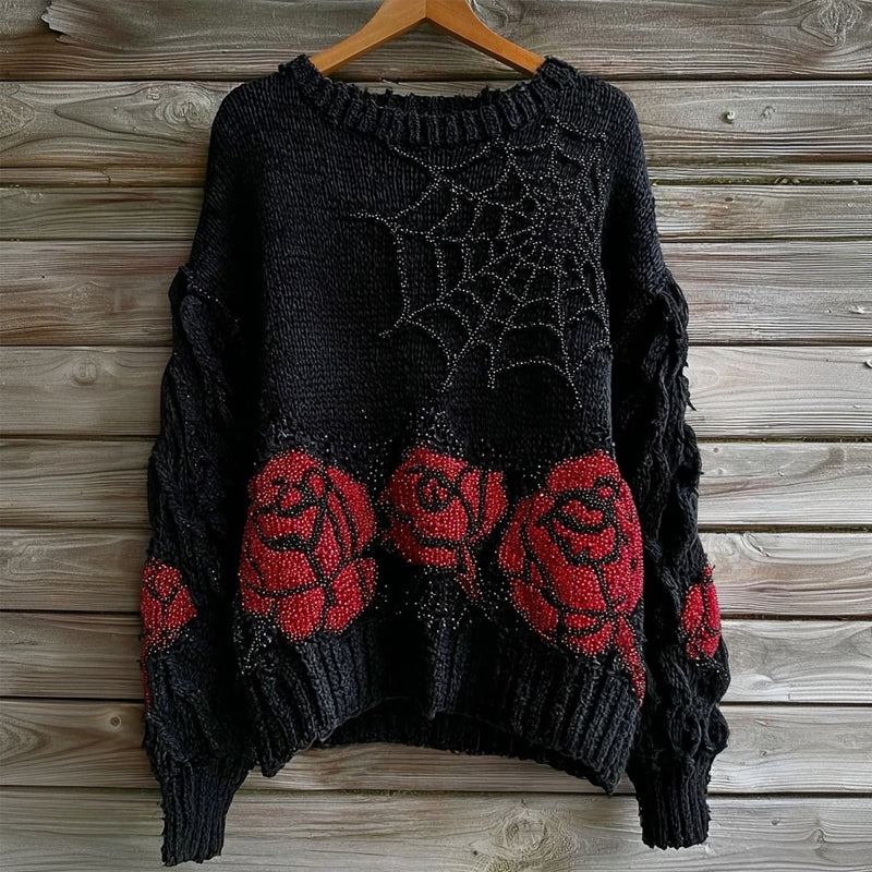 Vintage Roses & Spider Web Glitter Embroidered Cozy Sweater 4261