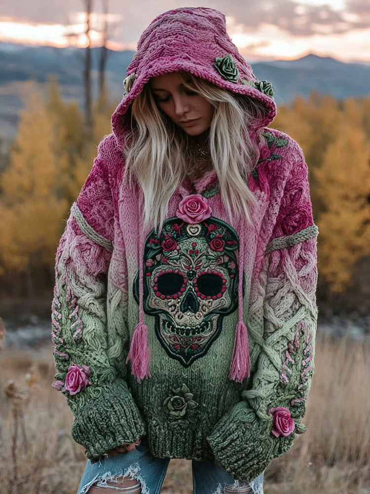 Women's Gradient Rose And Skull Inspired Chunky Knit Hooded Sweater 9fe8