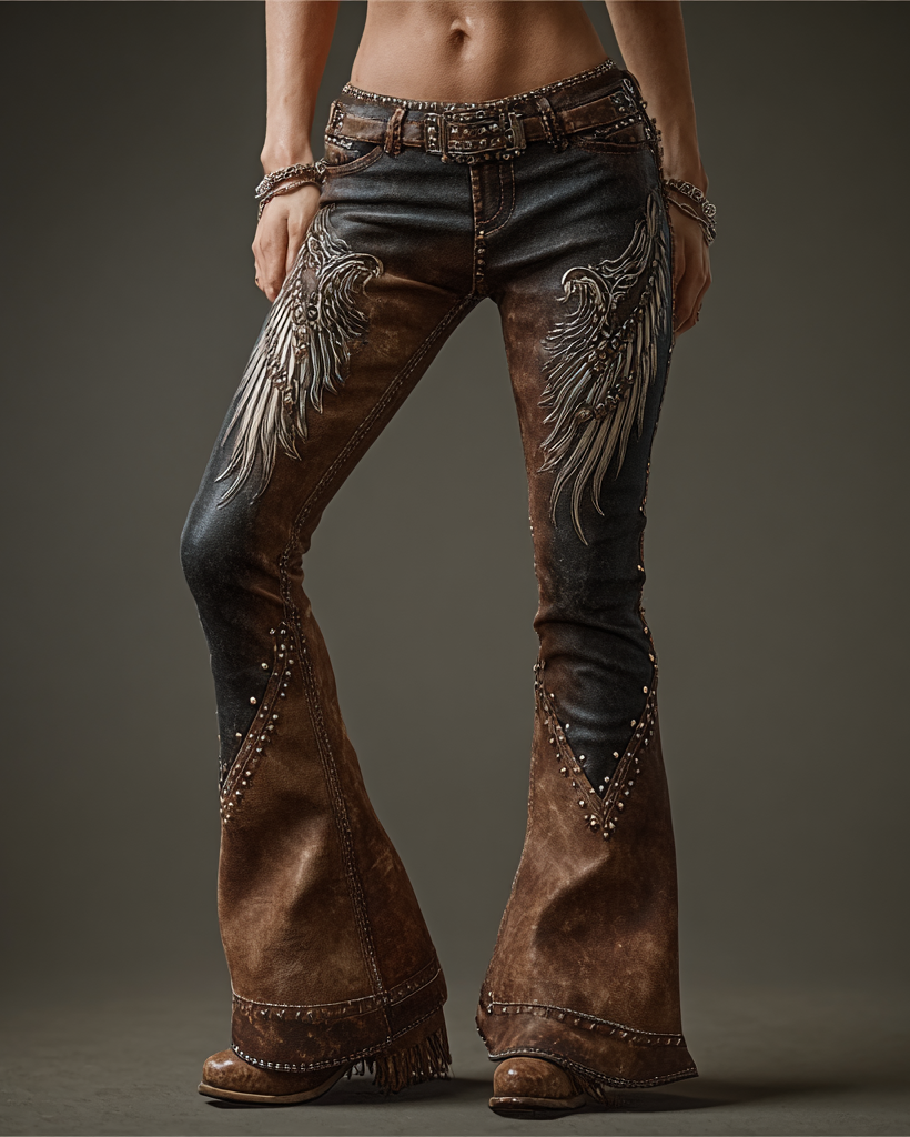 Women's skull embroidery contrast color stitching rivet leather pants 0246