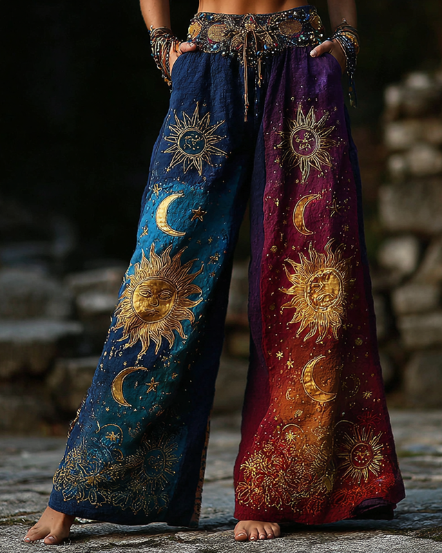Women's star and moon embroidered gradient tie-dye trousers 367f