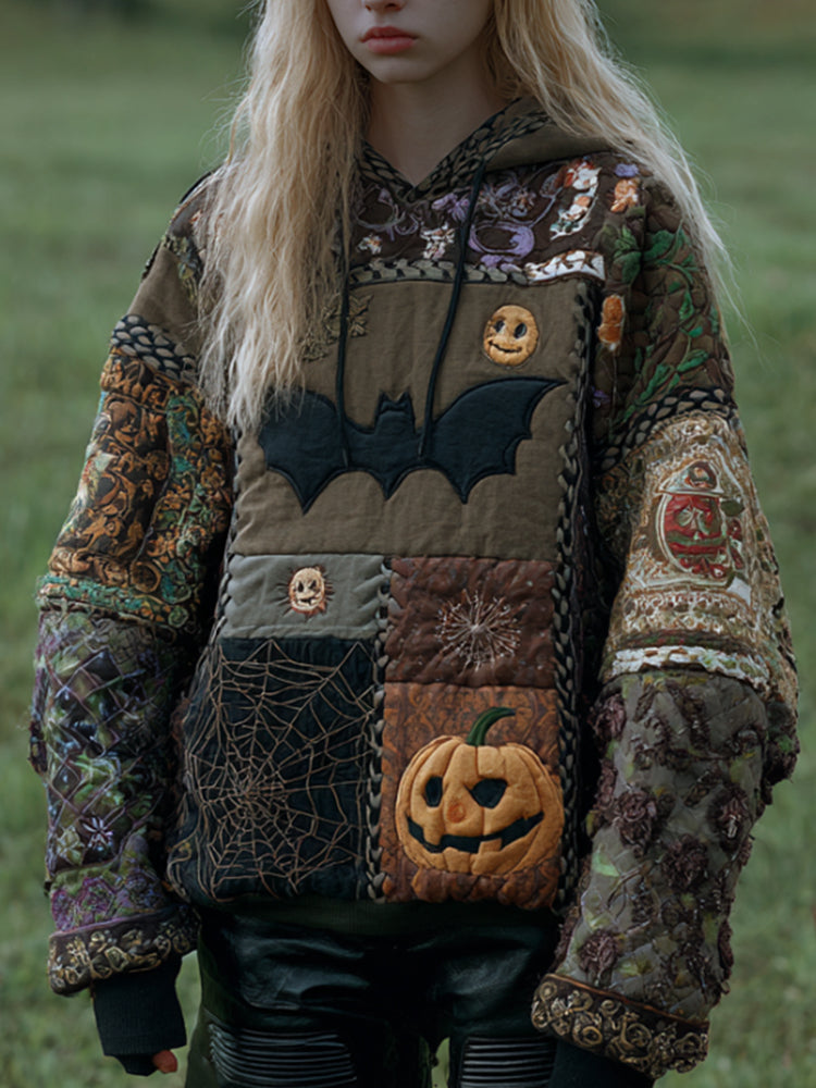 Women's Vintage Patchwork Halloween Pattern Hoodie e639