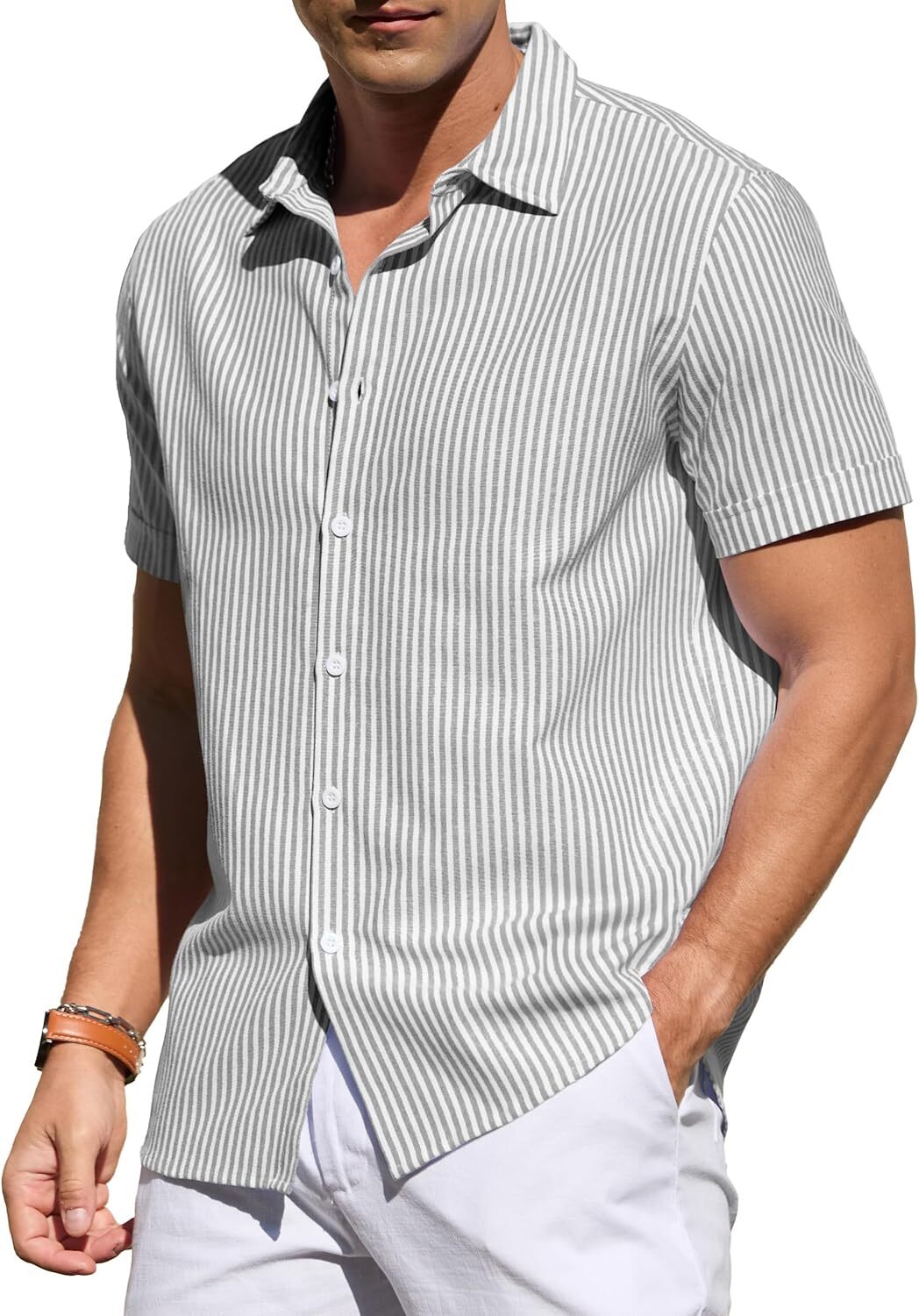 Men's Casual Button Down Shirts Short Sleeve Striped Cotton Beach Summer Vacation Shirt
