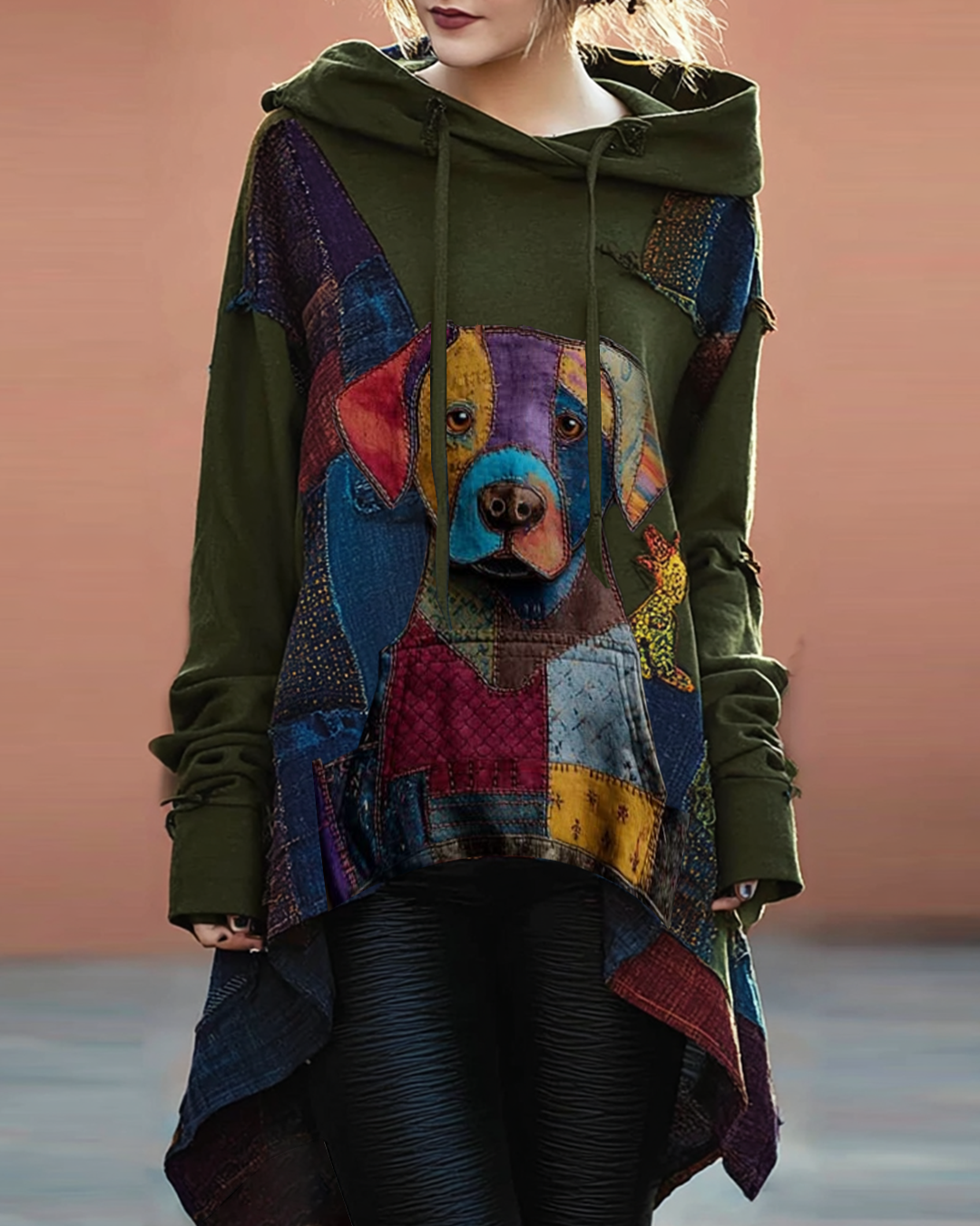 Women's Puppy Color-Contrast Stitching Irregular Hem Design Hooded Sweatshirt 293c