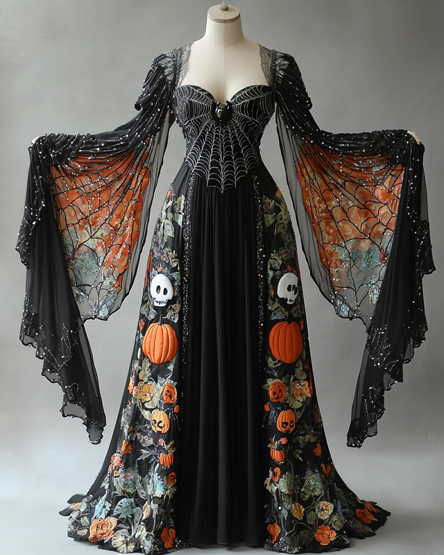 Women's Halloween Bat Wing Sleeve Contrast Cape Dress fefc