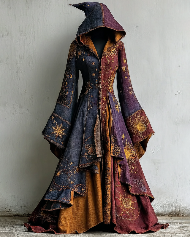 Halloween Themed Star And Moon Embroidery Patchwork Hooded Witch Dress 02c2