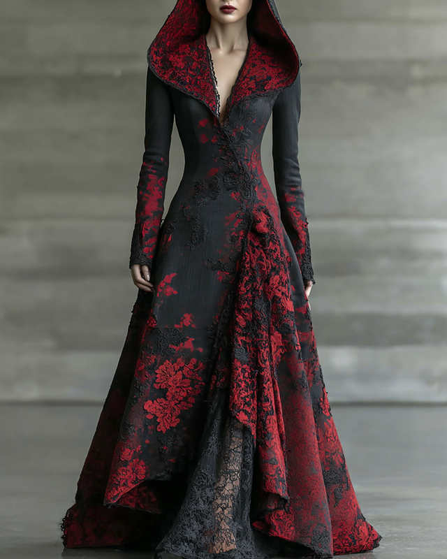 Halloween themed floral embroidery irregular lace patchwork hooded dress 021b