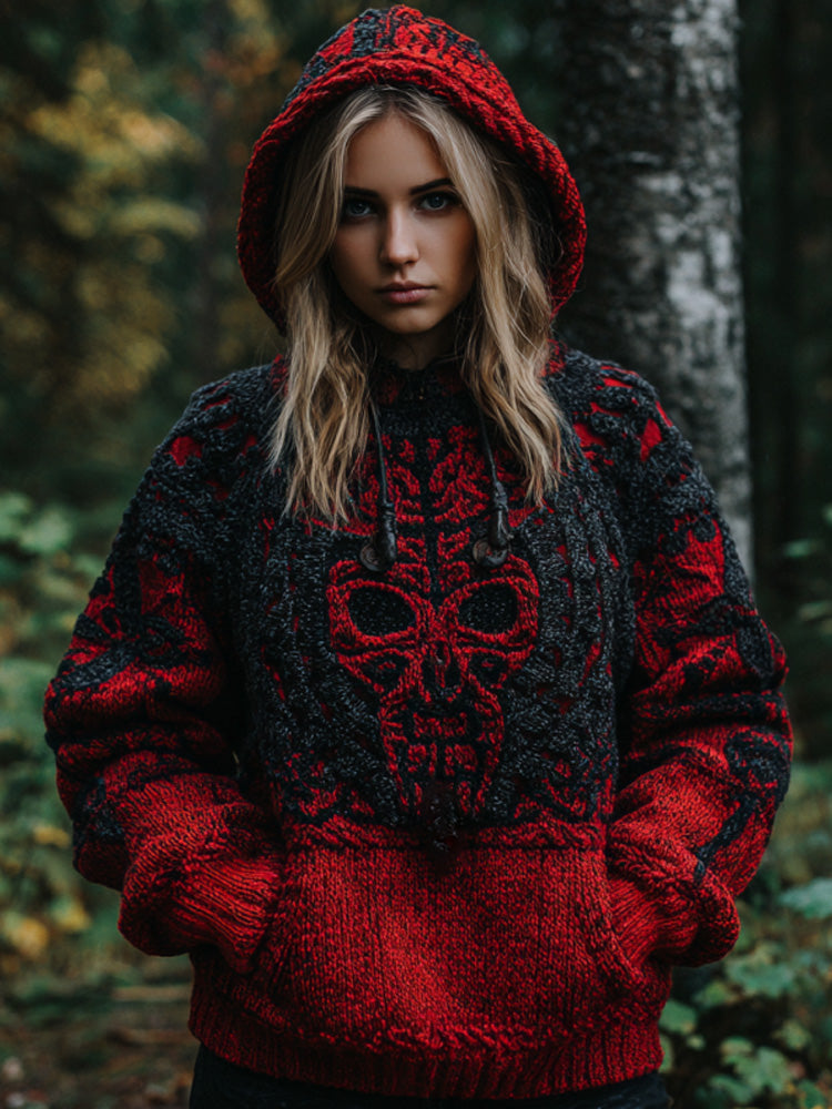 Women's Vintage Viking Tribal Celtic Skull Gradient Art Chunky Knit Hooded Sweater 175e