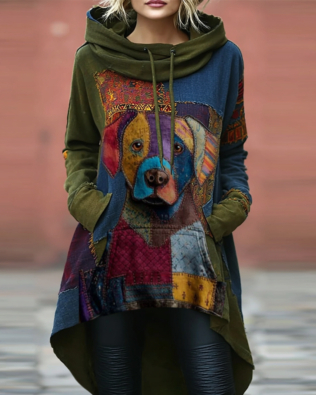 Women's Puppy Color Contrast Stitching Irregular Front Short Back Long Hem Design Hooded Sweatshirt cc01