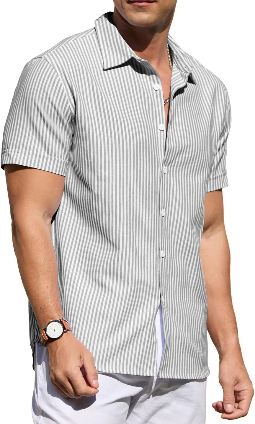 Men's Casual Button Down Shirts Short Sleeve Striped Cotton Beach Summer Vacation Shirt