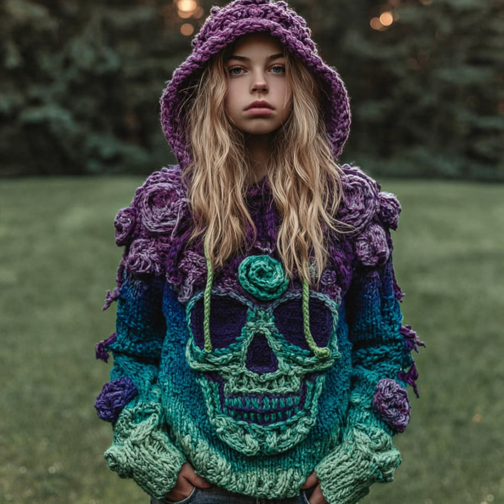 Women's Skull Rose Vintage Tie-dye Worn-out Hooded Sweater 4b70