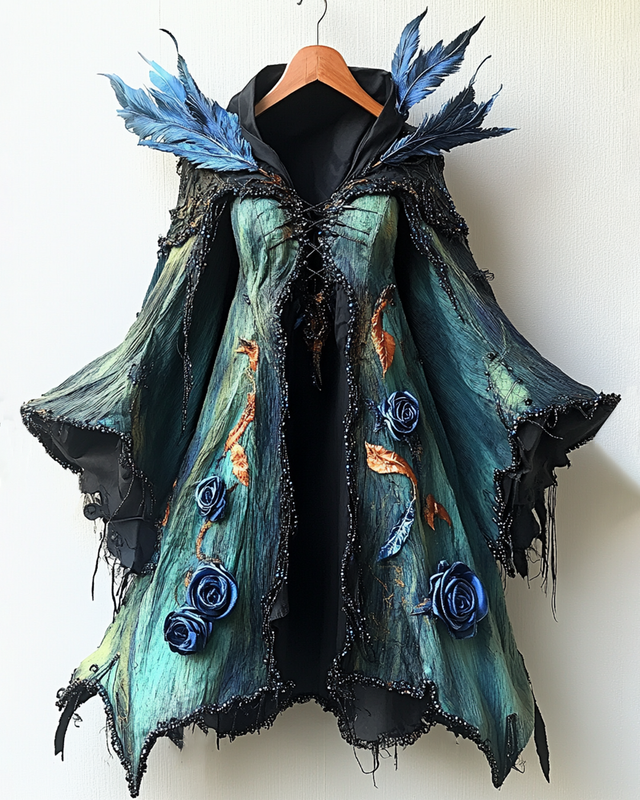 Women's Halloween Themed Feather Rose Embroidered Irregular Cape 71a4