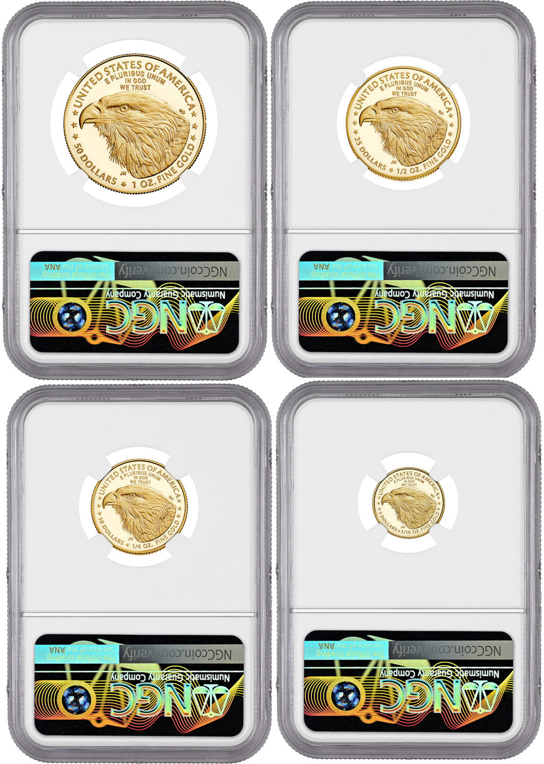 2023-W Gold Eagle 4-Coin Set FDI NGC PF70 Ultra Cameo Ron Harrigal Signed
