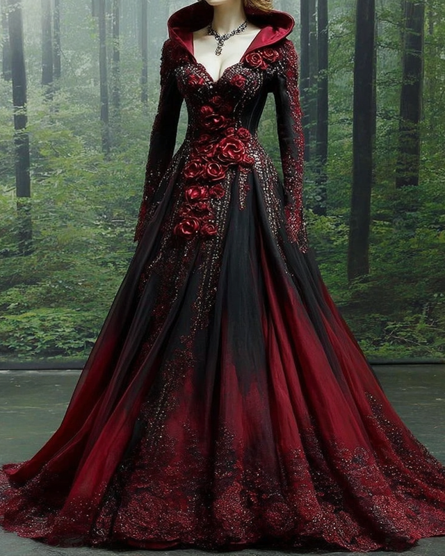 Halloween themed floral embroidery irregular lace patchwork gradient hooded dress 85c1