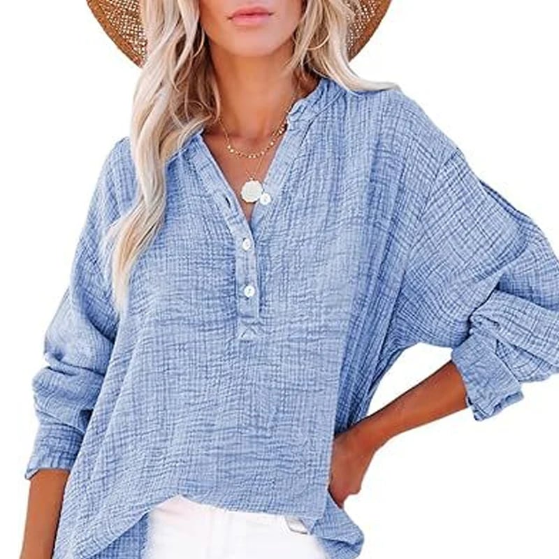 🔥Hot Sale 49%💖Women’s Casual Gauze Button Neck Long Sleeve Blouse