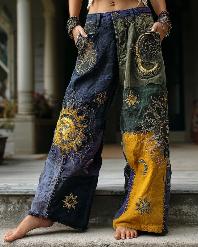 Women's Star and Moon Embroidered Contrast Color Stitching Pants 71fa