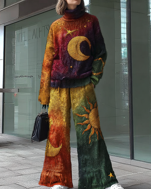 Women's Star and Moon Embroidered Knit Top & Pants Two-Piece Set  b942