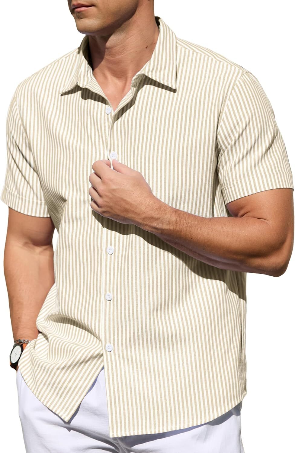 Men's Casual Button Down Shirts Short Sleeve Striped Cotton Beach Summer Vacation Shirt