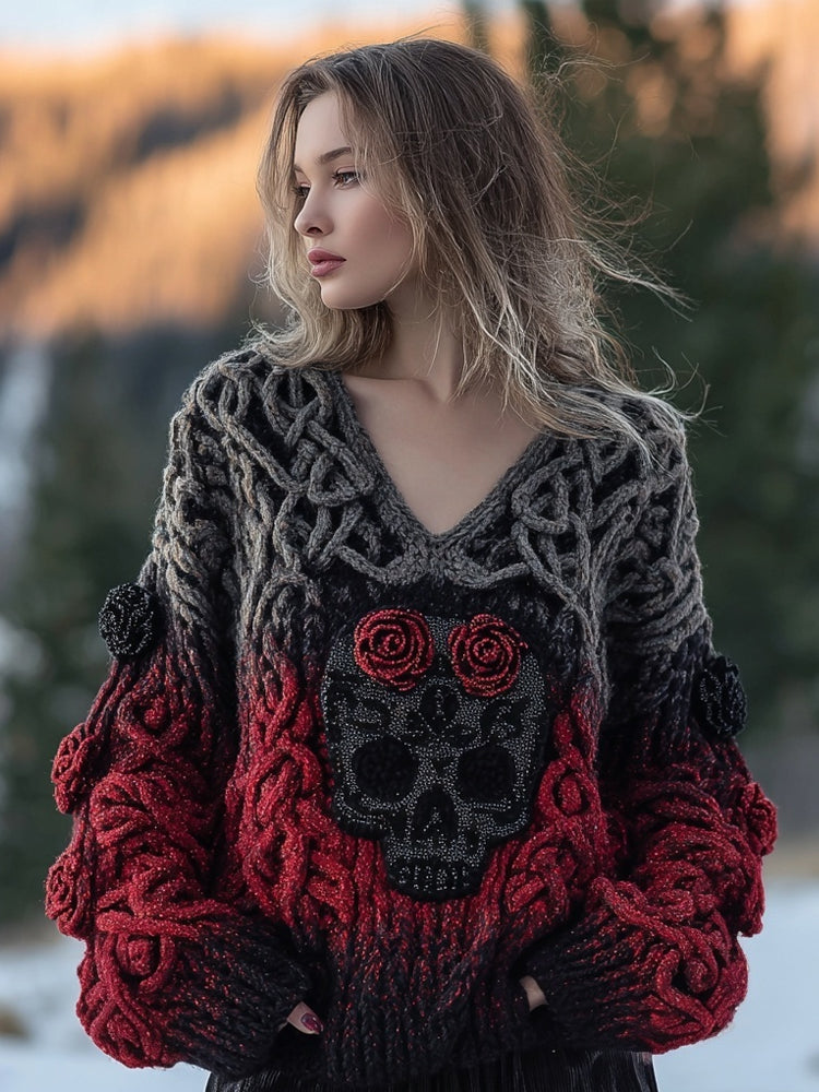 Vintage Red Roses Skull Viking Celtic V Neck Cozy Knit Sweater 946d