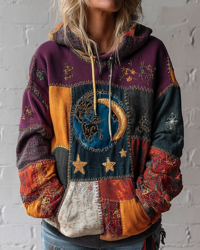 Autumn and Winter Star and Moon Patchwork Hooded Contrast Color Sweatshirt 779f