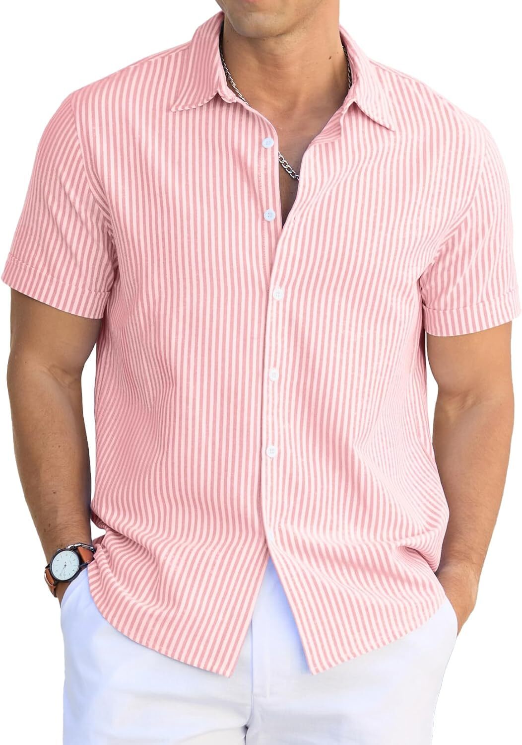 Men's Casual Button Down Shirts Short Sleeve Striped Cotton Beach Summer Vacation Shirt