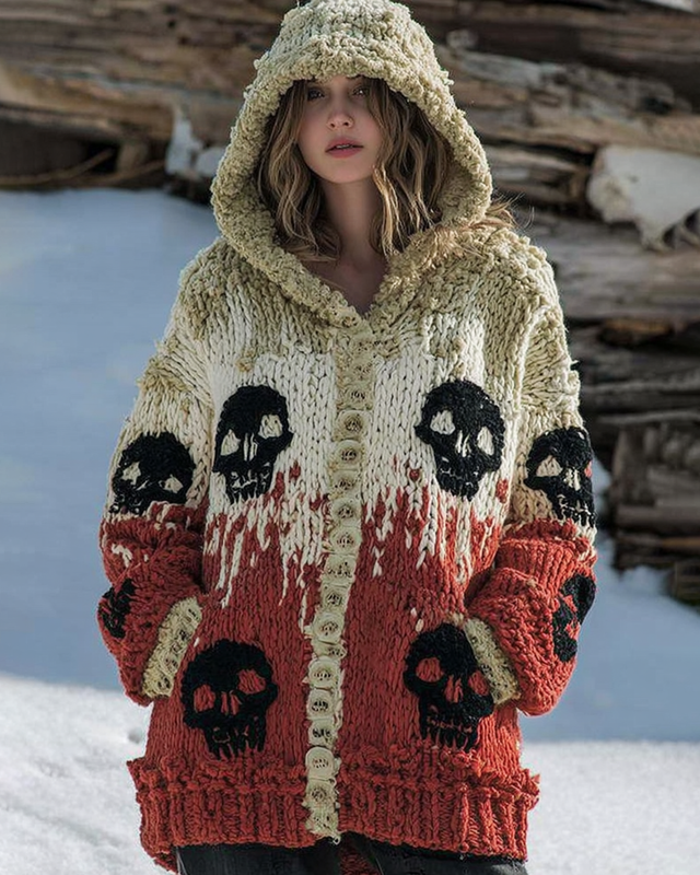 Halloween Themed Gradient Skull Knitted Hooded Cardigan 2b48
