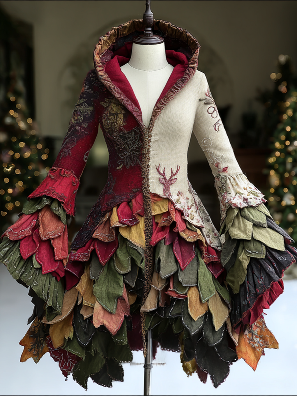 CHRISTMAS THEMED ELEGANT CONTRAST COLOR KNITTED HOODED DRESS ecca