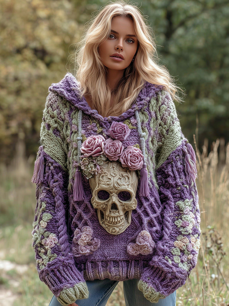 Women's Rose And Skull Inspired Knit Hooded Sweater 3181