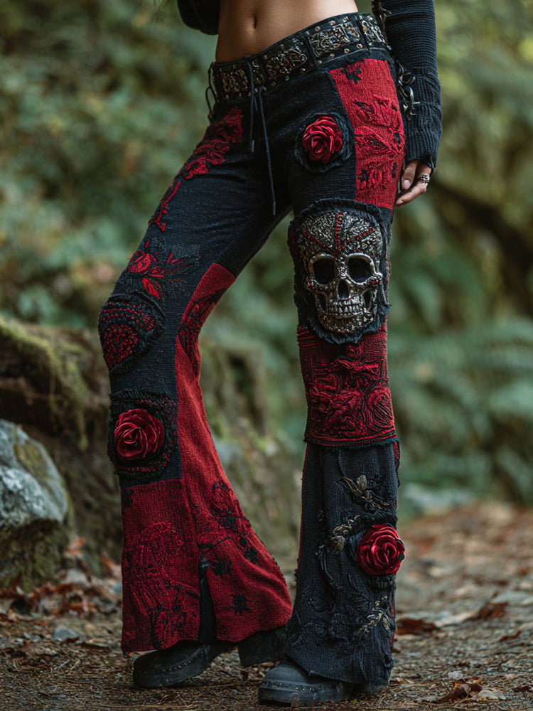 Women's Retro Dark Skull And Rose Stitching Casual Jeans 2e2a