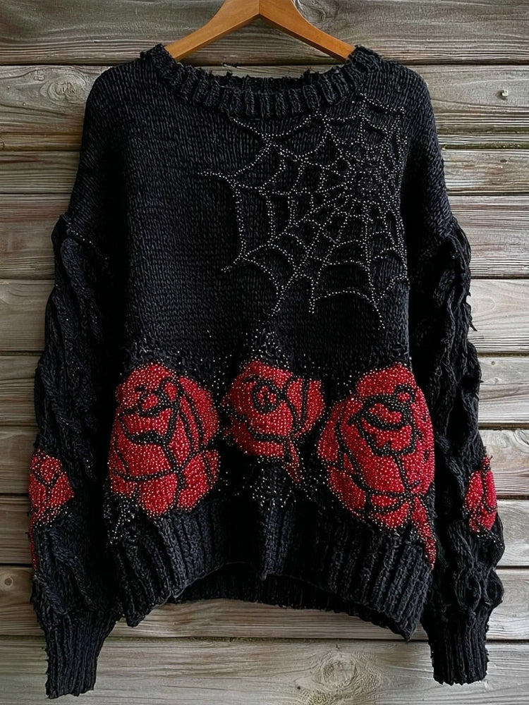Vintage Roses & Spider Web Glitter Embroidered Cozy Sweater 4261